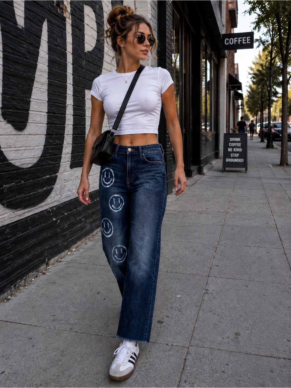 Statement Smiley Face Jeans Y2K Streetwear Raw Hem Size 30